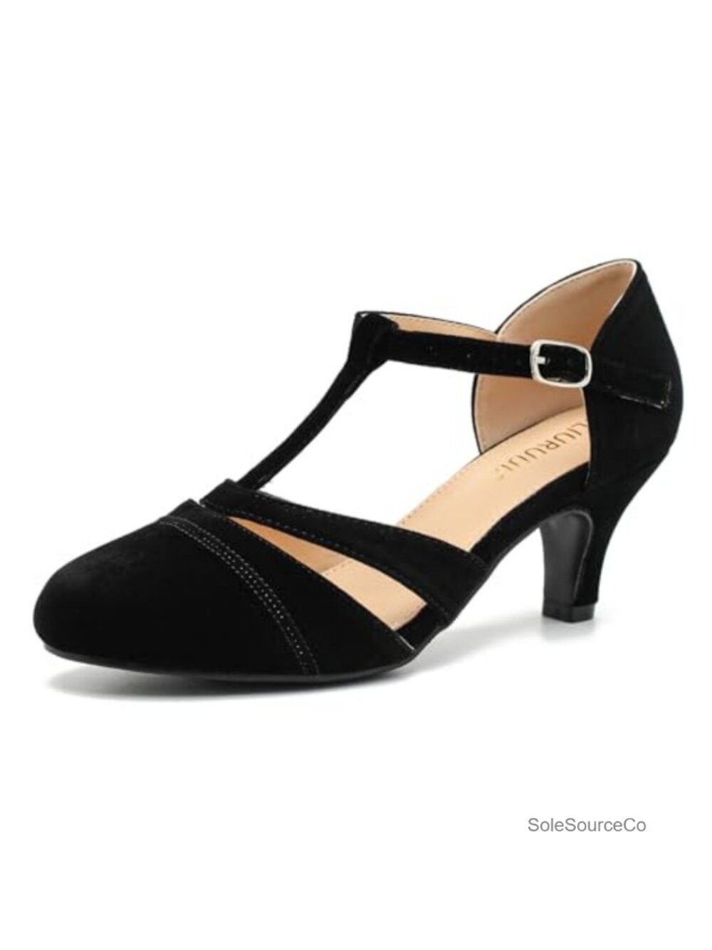Velvet T-Strap Mary Jane Kitten Heel Dress Pumps Vintage Round Toe